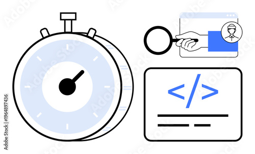 Time management, software development, coding, online search, productivity tools, research. A stopwatch, magnifying glass and code snippet. Time management and coding concept