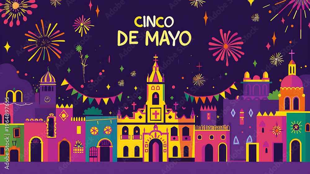 Obraz premium Cinco de Mayo Mexican town night flat vector illustration, with fireworks, traditional architecture and festive text, for party banners and celebration posters.