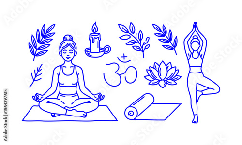 Hand Drawn Doodle Yoga and Meditation Icons Set with Om Lotus Candle Mat and Poses Sketch Style Spiritual Wellness Collection