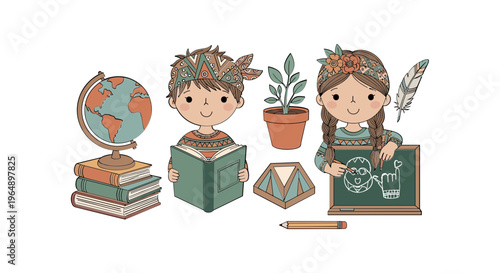 Two children with school supplies.