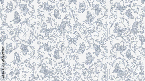 Intricate damask floral pattern with ornamental scrollwork for wallpaper and textiles showcase.