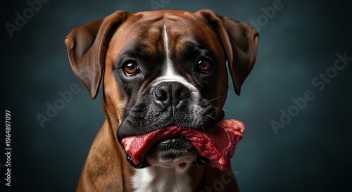 Boxer dog holding raw beef steak in its mouth against a dark background for pet nutrition and healthy natural raw food diet for purebred dogs