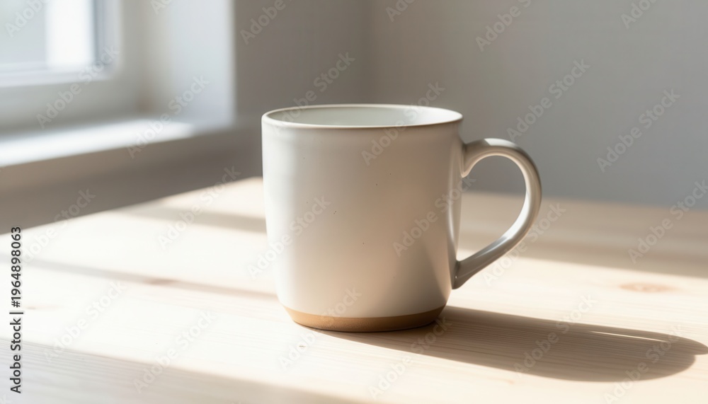 Fototapeta premium Empty beige ceramic coffee mug on wooden table with soft natural sunlight