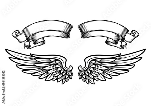 Vintage Heraldic Wing and Ribbon Banner Illustration Set in Engraving Style