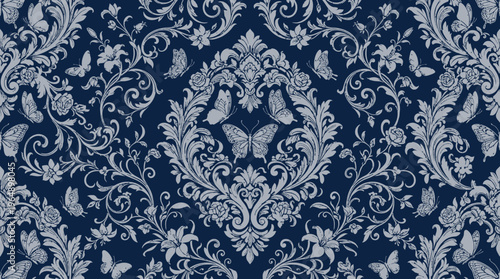 Intricate blue and white damask pattern featuring ornate floral motifs and a symmetrical repeating design on fabric.