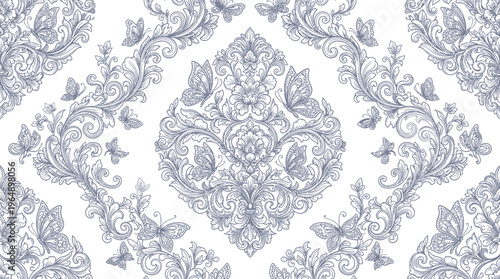 Intricate gray damask pattern with ornamental symmetry and repeating floral motifs for textiles and wallpapers.