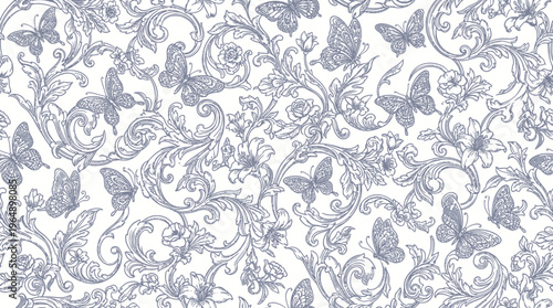 Intricate blue and white damask pattern texture suitable for backgrounds and design projects.