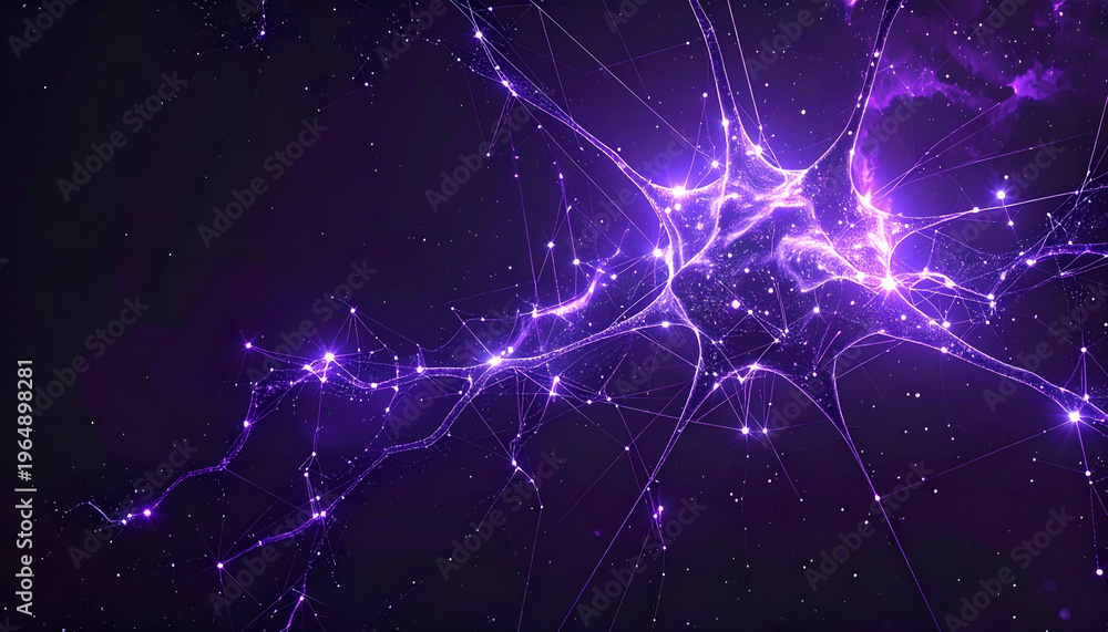 Obraz premium Glowing purple neuron structure with radiant nodes in dark space