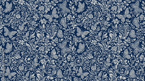 Intricate blue damask fabric pattern featuring floral motifs and ornate arabesque details.