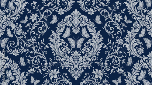 Intricate blue and white damask pattern seamless wallpaper design with ornamental scrolls and floral motifs.