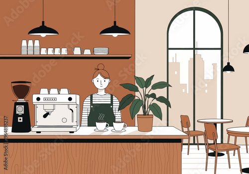 Friendly Barista Behind a Modern Coffee Shop Counter with Espresso Machine and City View; Flat Vector Illustration for Small Business and Cafe Culture Concepts