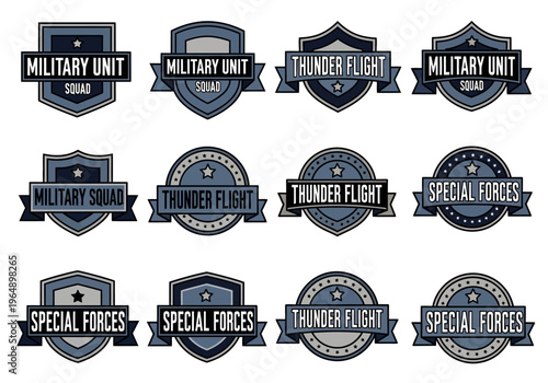 Collection of Military Unit and Special Forces Tactical Emblems, Squad Badges, and Thunder Flight Patches with Ribbons and Shields