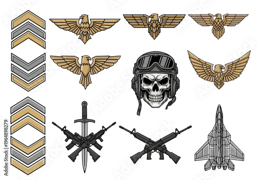 Military and Air Force Tactical Emblem Set - Vector Illustrations of Skulls, Fighter Jets, Golden Eagles, Weapons, and Rank Chevrons for Patches and Apparel Designs