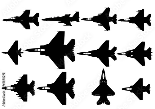 Collection of Black Silhouettes of Modern Fighter Jets and Military Aircraft; Top and Side Views of Combat Planes for Aviation and Defense Design