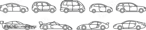 Car icons set, various vehicle types line art collection, sedan suv sports car outlines, automotive vector illustration, modern minimal design