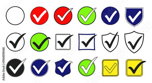 Set of Check Marks and Tick Icons in Various Shapes and Colors