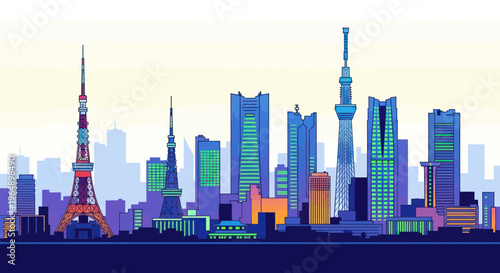 Photography Tokyo Cityscape Skyline with Tokyo Tower and Skytree, Urban Japan