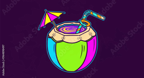Vibrant Coconut Drink with Umbrella and Straw, Tropical Refreshment