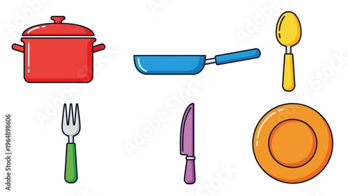Colorful kitchen utensils and dinnerware set illustration.