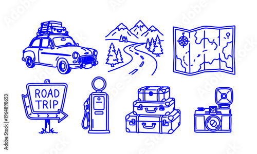 Hand Drawn Doodle Road Trip Travel Icons Set with Car Mountains Map Gas Station Luggage and Camera Sketch Style Adventure Collection