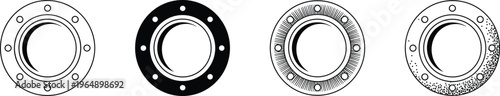 Porthole icons set, ship window nautical design collection, round marine frames with bolts textures, vector illustration, minimal industrial style