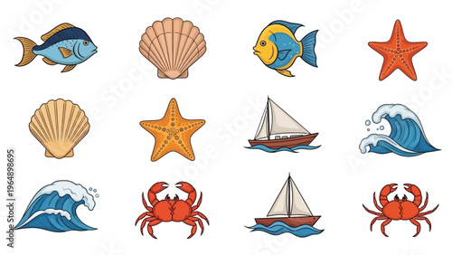 Collection of Cartoon Ocean Creatures and Objects.