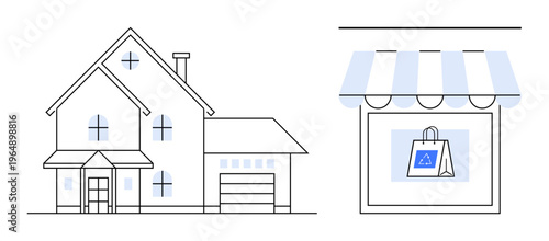 E-commerce, local shopping, retail, online business, home delivery, small business branding. A house beside a storefront with a shopping bag symbol. E-commerce and local shopping concept
