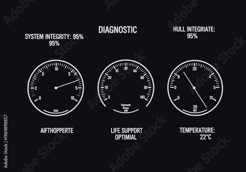 Futuristic Spaceship Diagnostic Dashboard Interface with System Integrity and Life Support Gauges