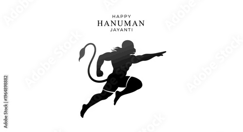Black silhouette of a leaping Hanuman with outstretched arm and curved tail against a white background with Happy Hanuman Jayanti text.