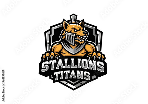 Stallions Titans Esports Mascot Logo Featuring an Armored Wolf Knight with Sharp Claws and Shield, Vector Illustration for Competitive Gaming Teams and Sports Branding