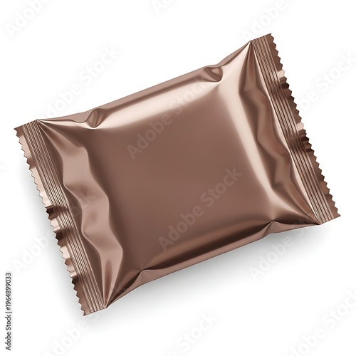 A neatly wrapped chocolate bar in shiny brown foil packaging with a scalloped edge.