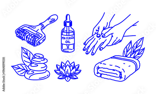Hand Drawn Doodle Spa and Wellness Icons Set with Massage Oil Nail Care Towel and Lotus Sketch Style Beauty Self Care Collection