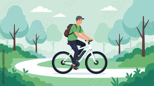 Man riding an electric bicycle on a winding path through a green park with trees, flat vector illustration, outdoors