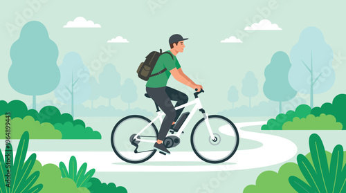Fotografie Man riding an electric mountain bike on a winding park path through green trees,