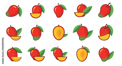 Mango Fruit Collection: Whole, Sliced, Halved, and With Leaves - Flat Design Icons