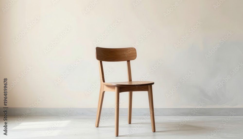 Obraz premium Minimalist wooden chair with curved backrest on plain white background, soft natural lighting