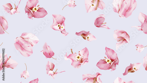 Floral seamless pattern featuring watercolor-style pink Bougainvillea flowers...