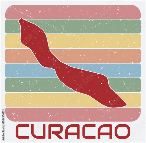 Curacao vintage logo. Shape of the country on retro colored stripes background. Curacao map design with grunge scratch texture. Vector illustration.