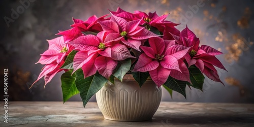 Vibrant Pink Poinsettia Blooms in Elegant Pot, a Festive Floral Arrangement for Holiday Decor