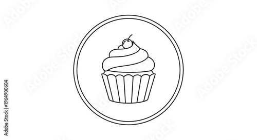Simple Line Art Icon of a Cupcake with Cherry on Top in a Circle