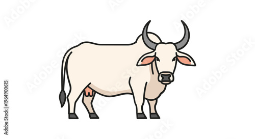 White bull with curved horns standing.