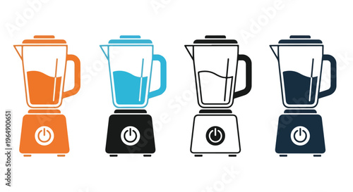 Four colorful blenders in orange, blue, white, and black on a plain white background with different liquid levels.