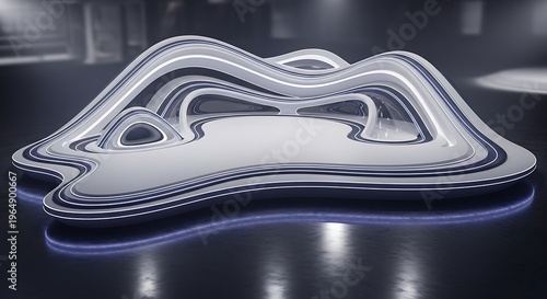 Futuristic showcase with layered structure and vibrant lighting design