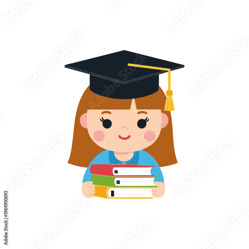Young girl wearing graduation cap books.