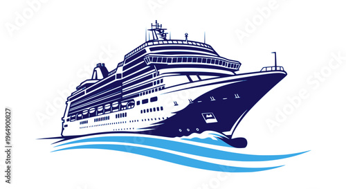 Vector blue traveling with cruise ship and wave in the ocean sea sign symbol icon logo template design inspiration. Transparent background SVG version.