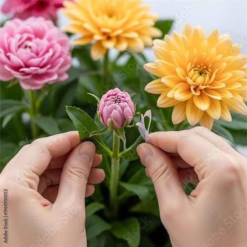 Gentle hands and blooming buds, nurtuting nature's delicate beauty