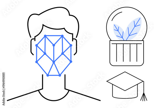 Facial recognition, environmental sustainability, education, artificial intelligence, future technology, identity verification. A geometric face design, leaf within a globe, and a graduation cap