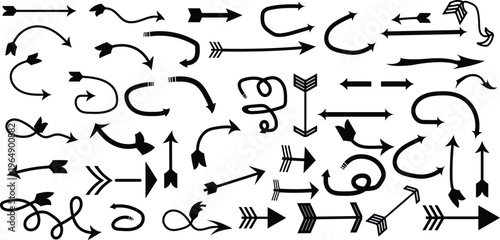 Hand Drawn Black Doodle Arrow Set, Decorative Vector Sketch Pointers and Directional Elements