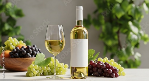 White wine bottle with blank label and glass of wine standing on a table surrounded by fresh red and green grapes against a sunny garden backdrop