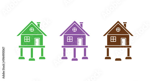 Colorful illustration of three houses on stilts in green, purple, and brown against a white background.